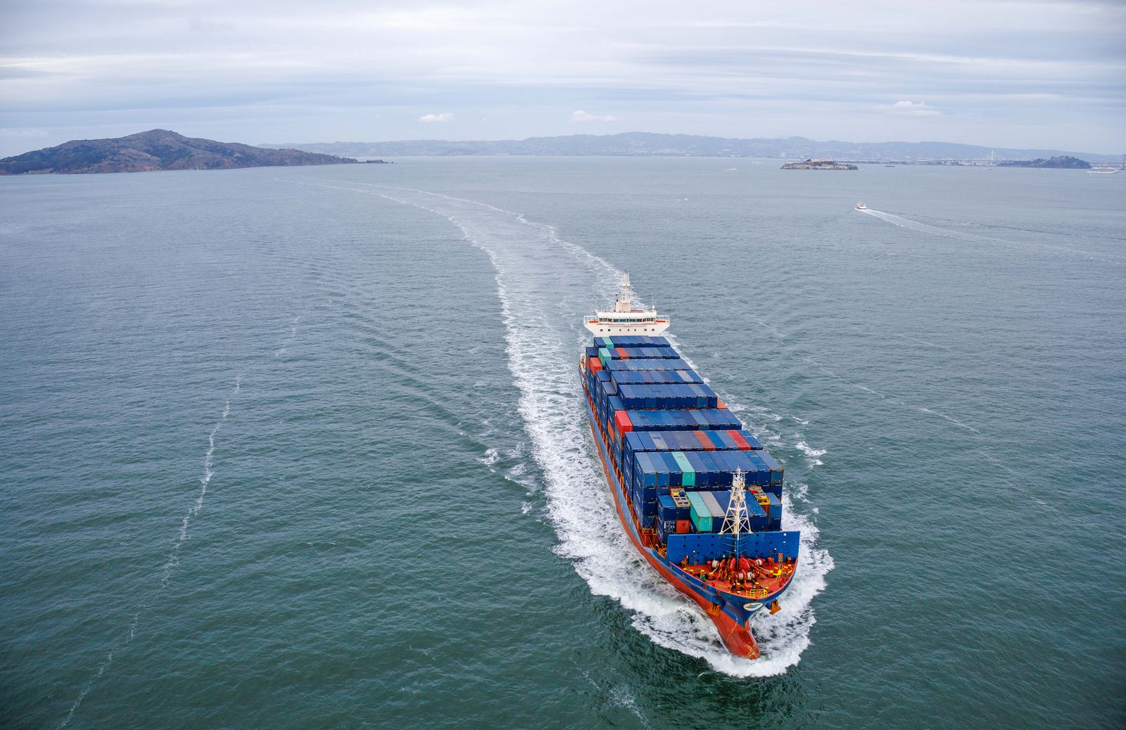 Aerial view of a container ship at sea