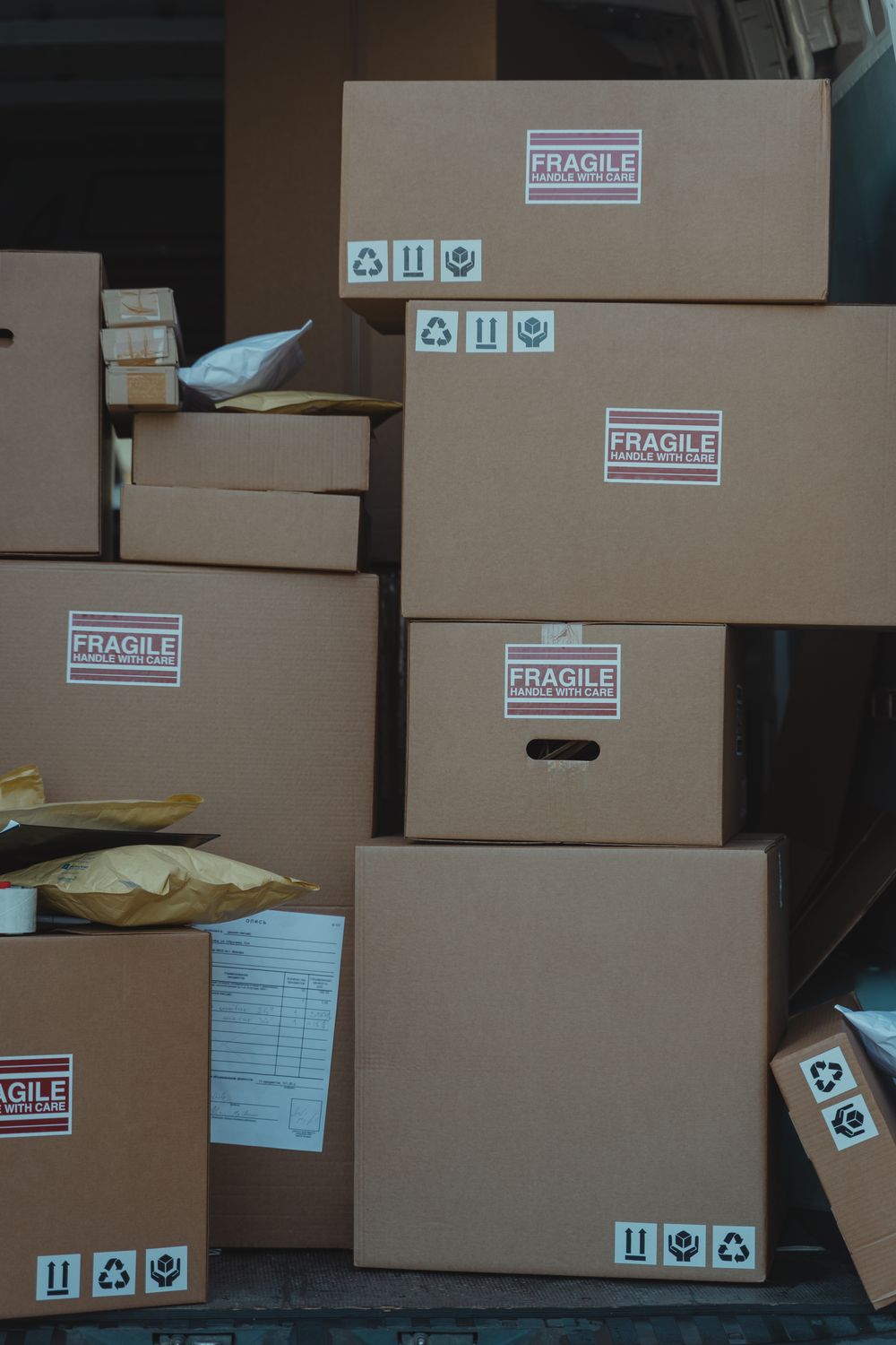 Stacked corrugated cardboard cartons for commercial packaging